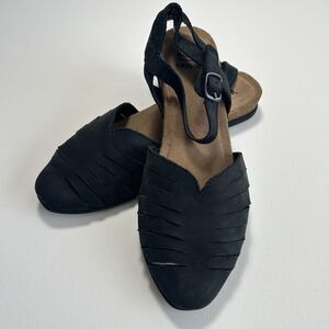 Earth Origins Palomos Peyton Black Leather Sandals Flats Cork Comfort Size 7M